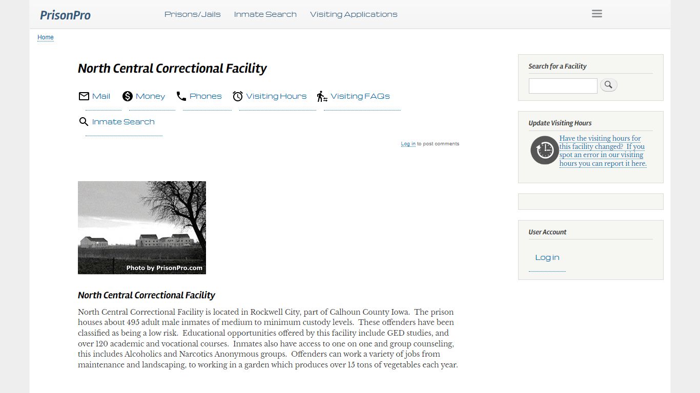 North Central Correctional Facility Visiting hours, inmate phones, mail